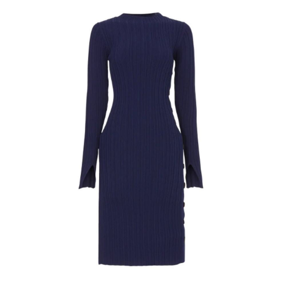Adam Lippes Size Small Rib Sweater Dress Navy Knit Side Buttons Long Sleeves - Picture 2 of 11